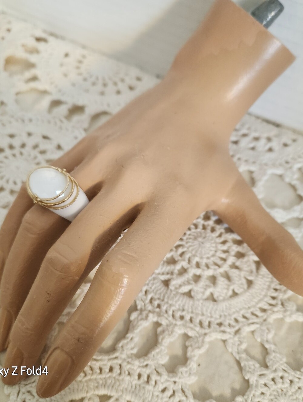 Gold-Trim White Glass Band Statement Ring - Women Jewelry 14K